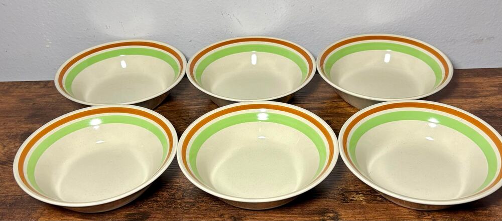Vintage Stonecrest Andre Ponche Green Rimmed Cereal Bowls Hand Painted Set of 6